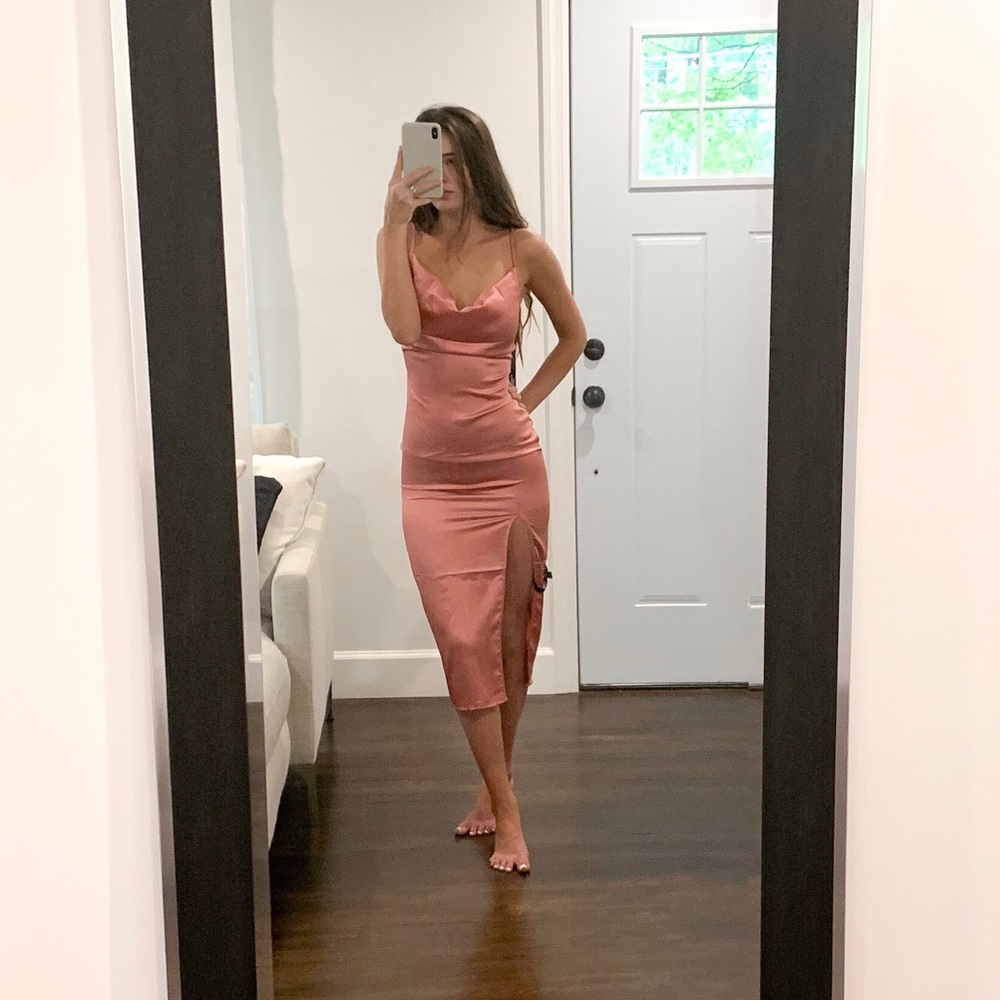 PrettyLittleThing Rose Strappy Satin Midi Dress